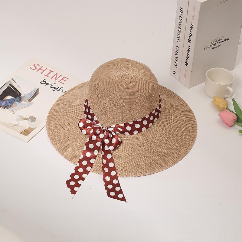 Летняя новая шляпа женская в горошек с бантом и лентами соломенная шляпа дорожная пляжная шляпа с большими полями от солнца
