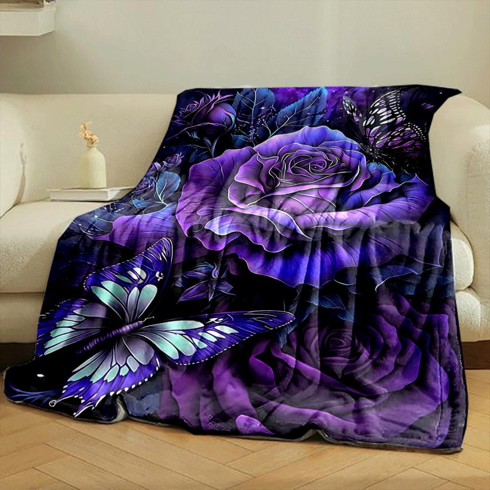 Purple roses and butterflies against a dark, starry, and cosmic background. for all seasons blanket lunch break throw gift