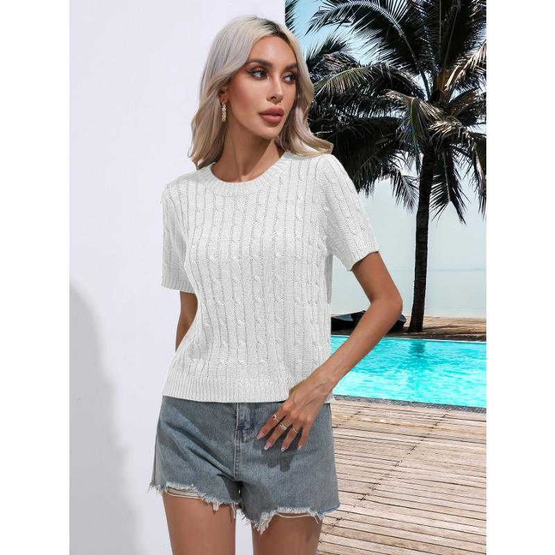 Women's Twist Short Sleeve Pullover Knit Sweater Spring and Summer Round Neck Solid Colour Knitwear