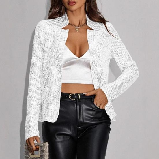 Women Cardigan Coat Stand Collar Short Type Long Sleeves Solid Color Sequin Jacket for Club Party Prom Slim Fit Commuting Outerwear