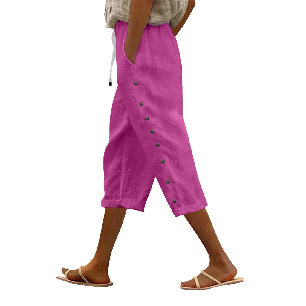 Women Casual  Side Button Up Trendy Pants Baggy Elastic Waist Straight Leg Comfort Trousers With Pocket