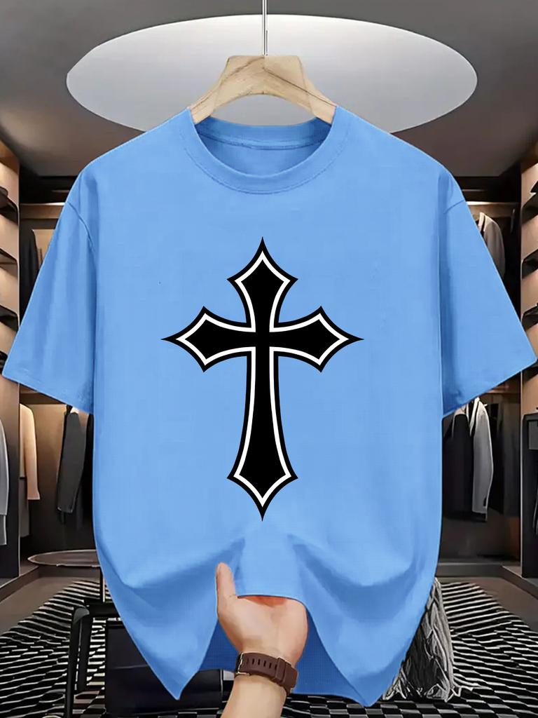 Графическая футболка 'Faith' для унисекс Готический контурный крест Христианский символ Футболка с круглым вырезом Классический религиозный иконописный принт Повседневные топы