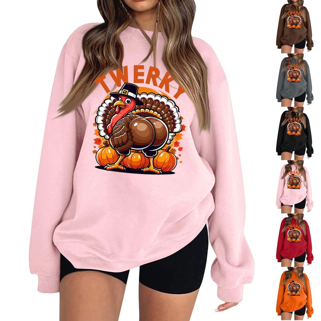 Women's Fashion Long Sleeve Thanksgiving Printed Round Neck Pullover Top Sweatshirt
