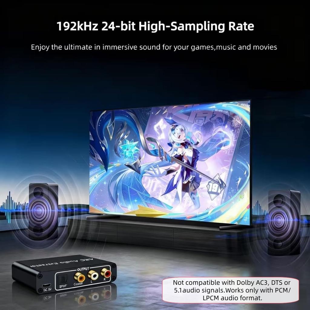 Audio Extractor Converter, 192KHz ARC Audio Extractor Output Optical SPDIF/Coaxial/RCA and 3.5mm Jack Stereo Adapter for HDTV Link to Soundbar
