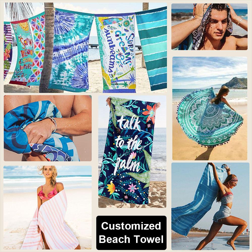 Custom Made Logo Private Label Digital Printing Sublimated Green Leaf Design Microfiber Beach Towels