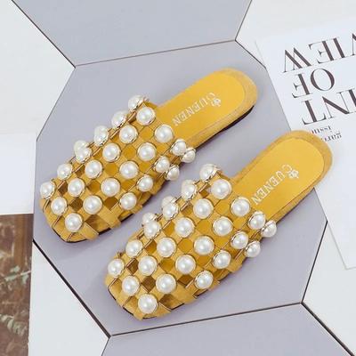 Женские модные повседневные сандалии на плоской подошве с жемчугом и бисером, однотонные сандалии с жемчугом, повседневные нескользящие шлепанцы на плоской подошве, легкие легкие