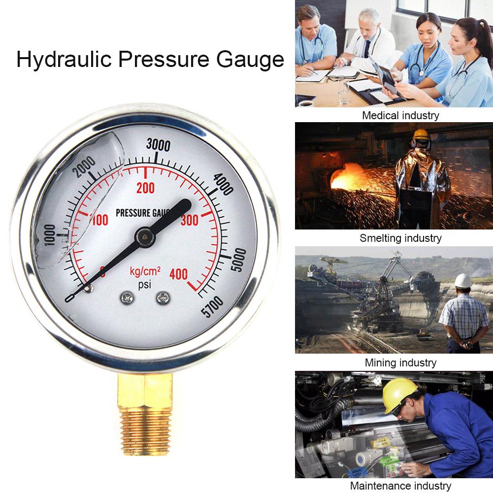Манометр давления масла автомобильный, 1/4 NPT наружная резьба, US Standard Thread, Гидравлический, 0-5000 PSI, Заполненный жидкостью