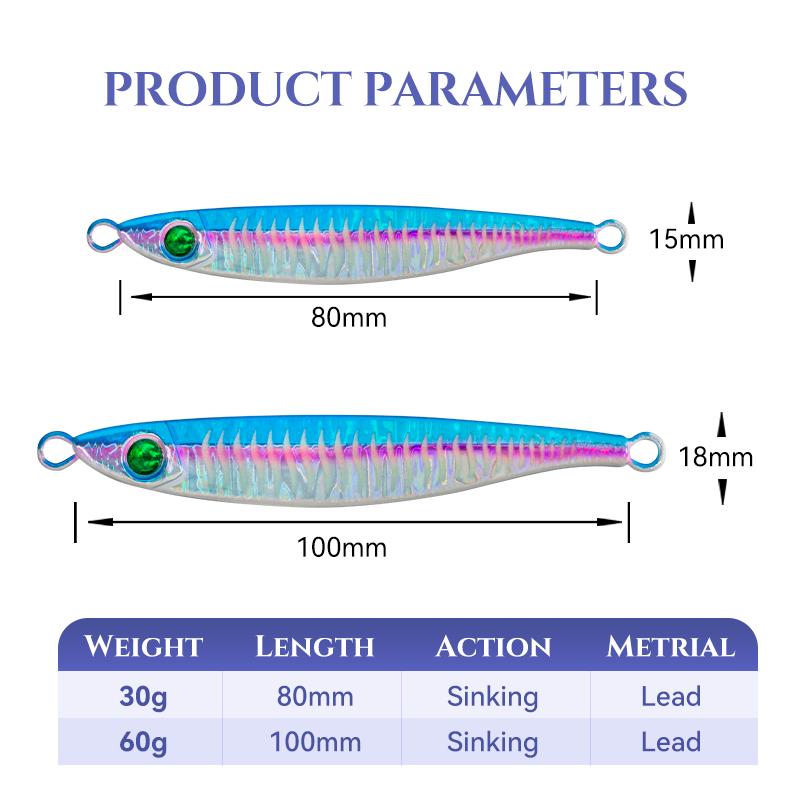 Kingdom Far Casting Sinking Slow Jigging 30g 80mm 60g 100mm Micro Jig Fishing Lure Artificial Saltwater Bass Bait Tackle