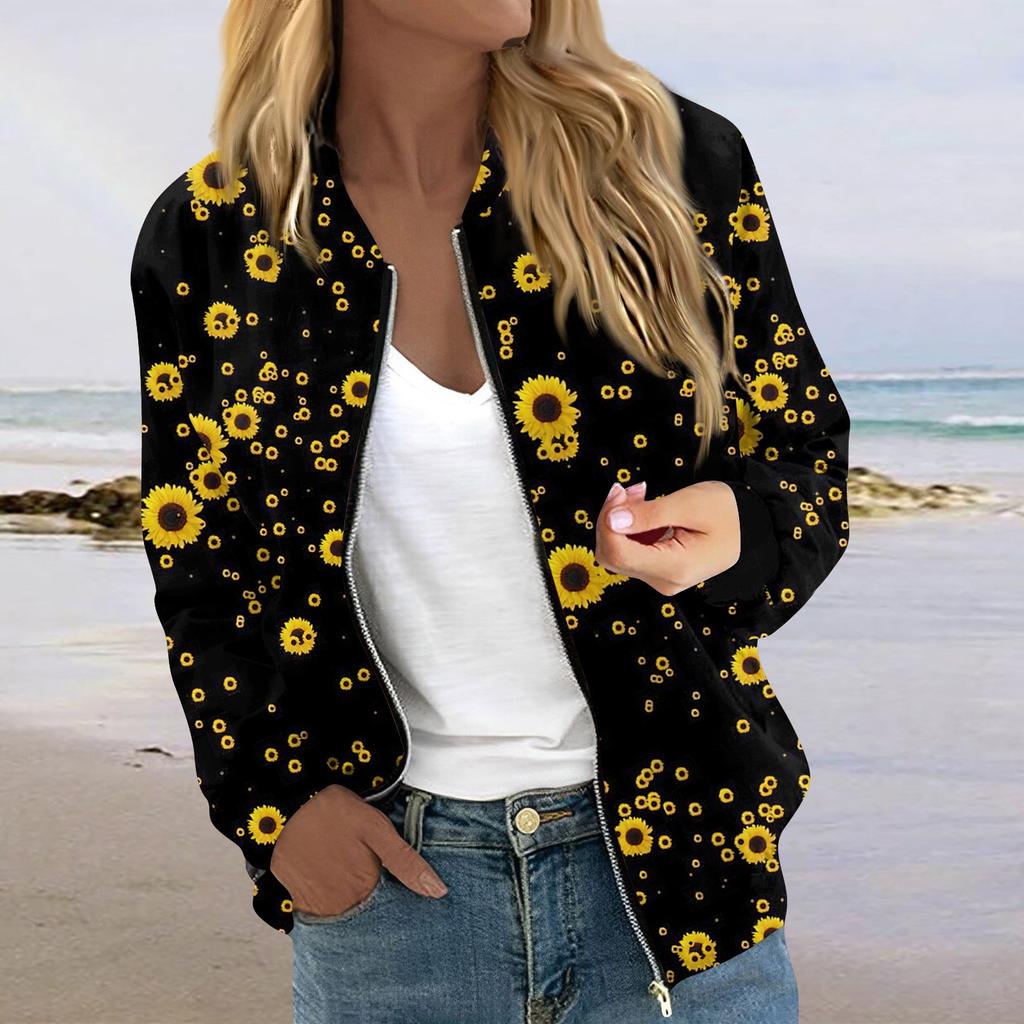 Женская модная повседневная куртка на молнии с длинным рукавом с принтом и круглым вырезом