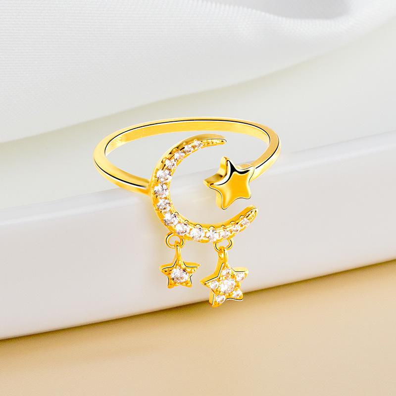 Кольцо Banyan Tree S925 Silver Diamond Star and Moon Tassel Ring - Trendy Open Style для женщин