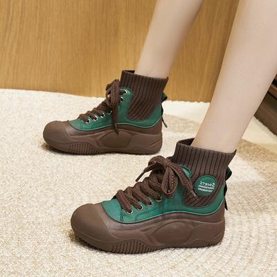 Ретро кроссовки для пап женские 2025 осень и зима новая эластичная вязаная обувь средней длины повседневная популярная обувь с высоким верхом детская универсальная