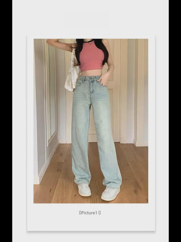 Женские джинсы большого размера из розовой кожи с высокой талией и широкими штанинами - Модные свободные прямые брюки