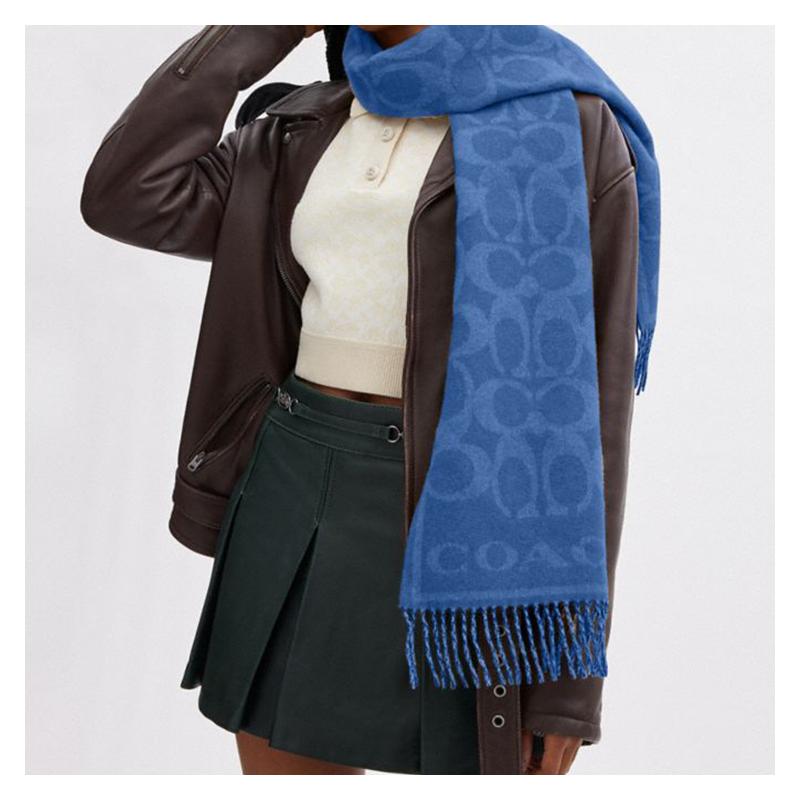 Coach Oversized Monogram Jacquard Pattern Fringe Cashmere Feel Scarf Royal Blue 76384-ROY