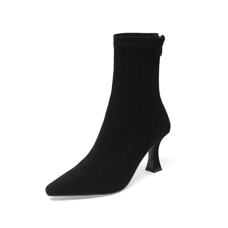 Brown Short Boots Women's High Heel Fine Heel Suede Pointed Rear Zipper New Winter Korean Version Elastic