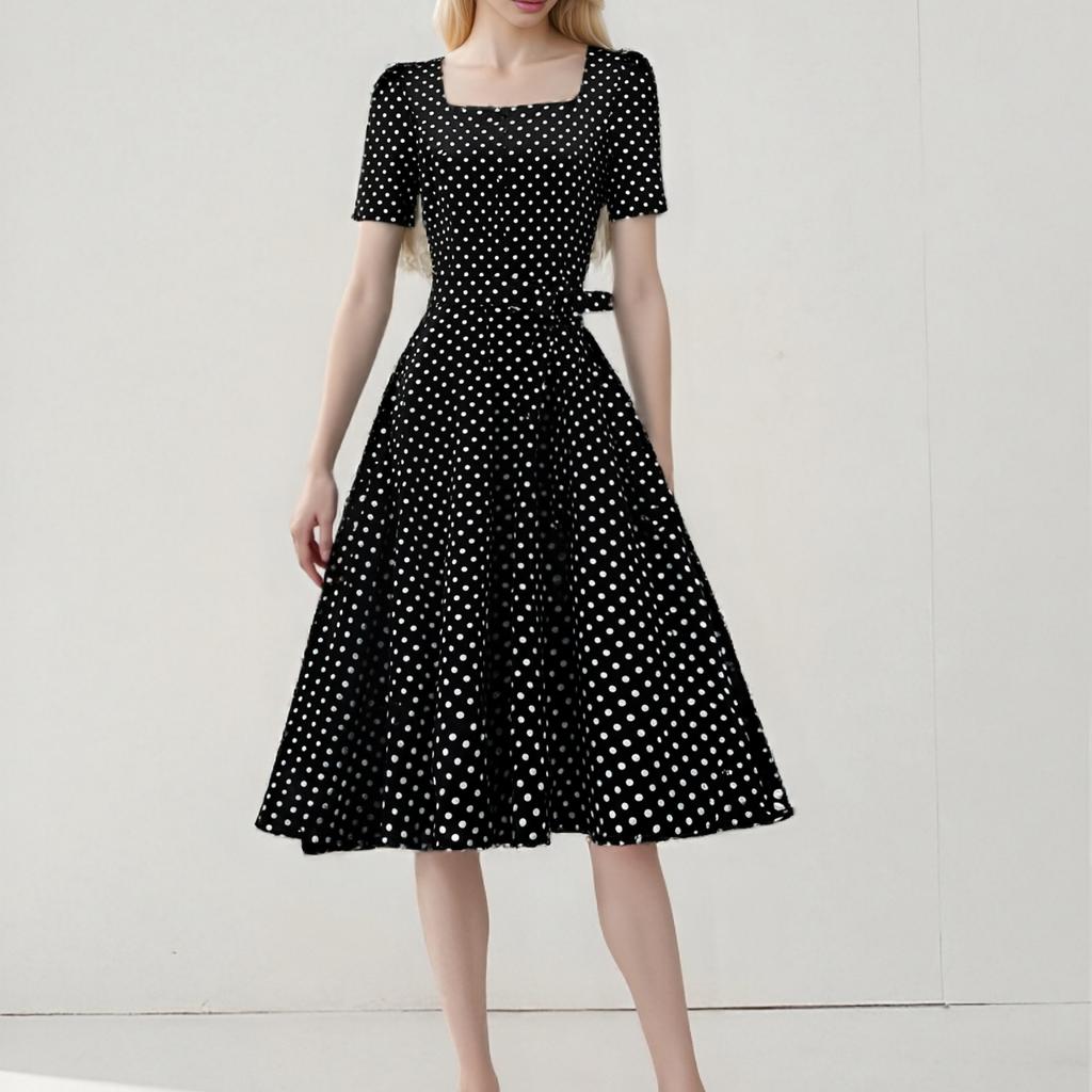 Женское модное повседневное платье с коротким рукавом, квадратным воротником, тонким винтажным принтом в горошек и поясом