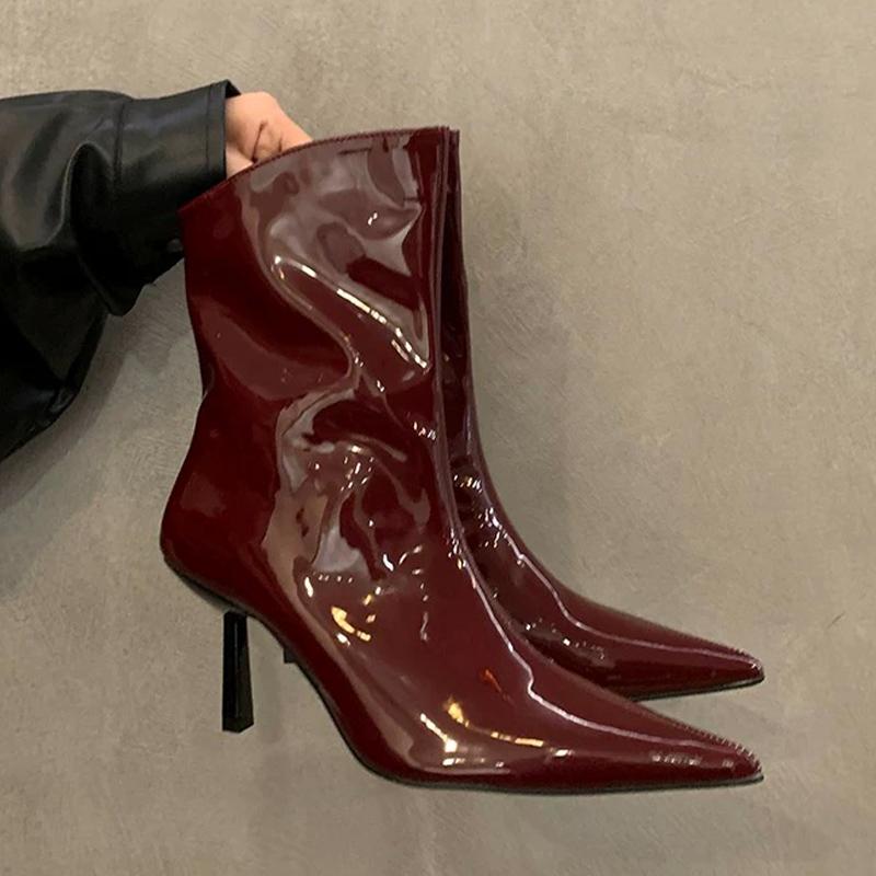 Острый носок женские ботильоны кожаные модные сексуальные туфли на высоком каблуке 2025 трендовые дизайнерские туфли-лодочки готические зимние туфли челси Botas De Mujer