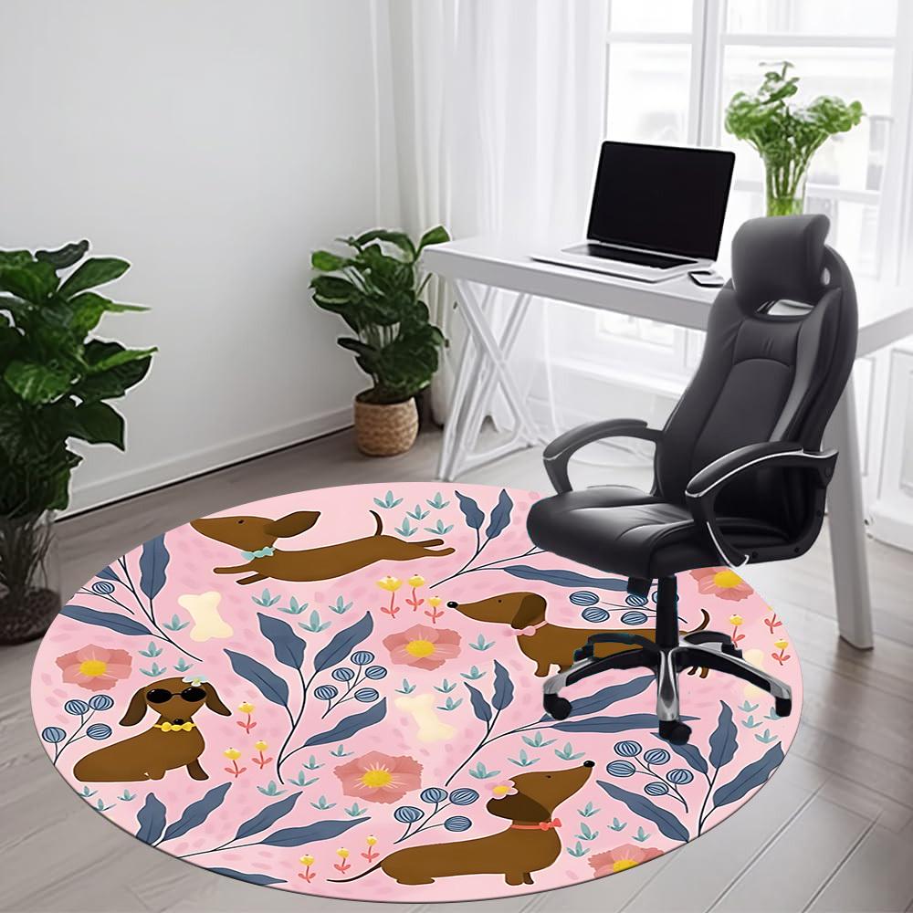 1PC Dachshund Floral Office Round Area Rug, Mat Suitable For Office, Under Office Chairs Bedroom Living Room Home Decor, Room Deco