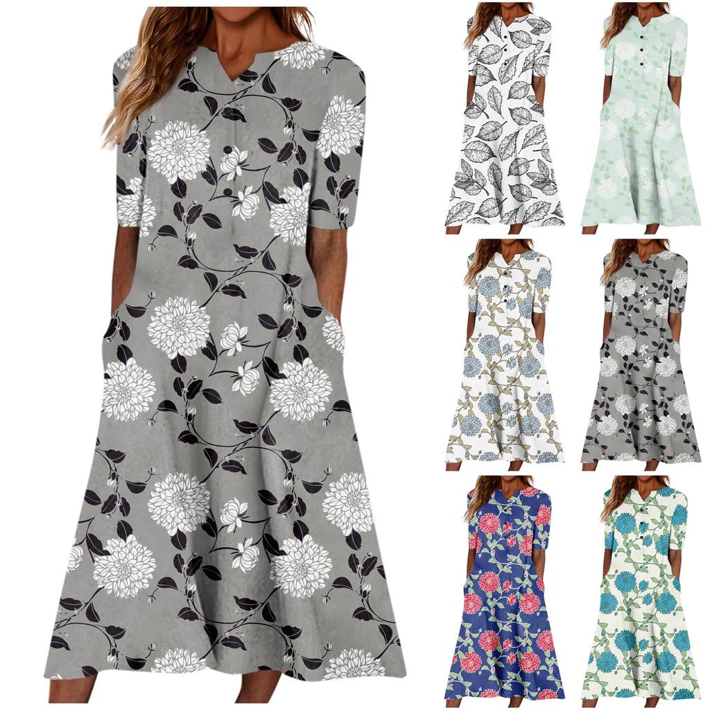 Women's Summer Casual Fashion Floral Printed Short Sleeve Button Pocket Dress