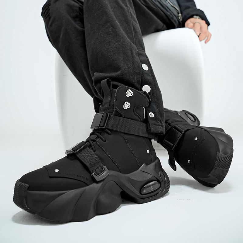 2024 Men's White High-Top Shoes with 12cm Invisible Height Increase, Air Cushion, Thick Sole, Fashionable Dad Sneakers