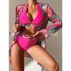 Комплект бикини из 3 предметов с принтом халтер 2025 женский купальник с высокой талией и кимоно купальник летний купальный костюм пляжная одежда