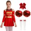 Kids Girls Cheer Leader Costume Halloween Cosplay Party Outfits Uniform Long Sleeve Dress with Pom Poms Hair Tie Socks