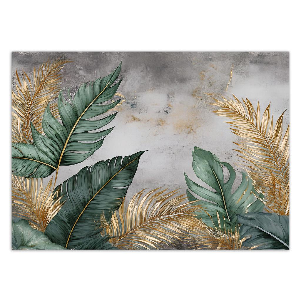 Wallpaper Gold and green leaves on a gray background
