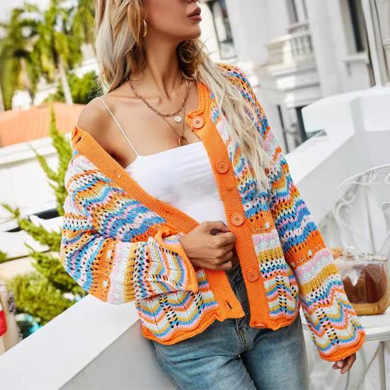 Women Knitting Cardigan Round Neck Flared Long Sleeve Single Breasted Sweater Coat Autumn Winter Rainbow