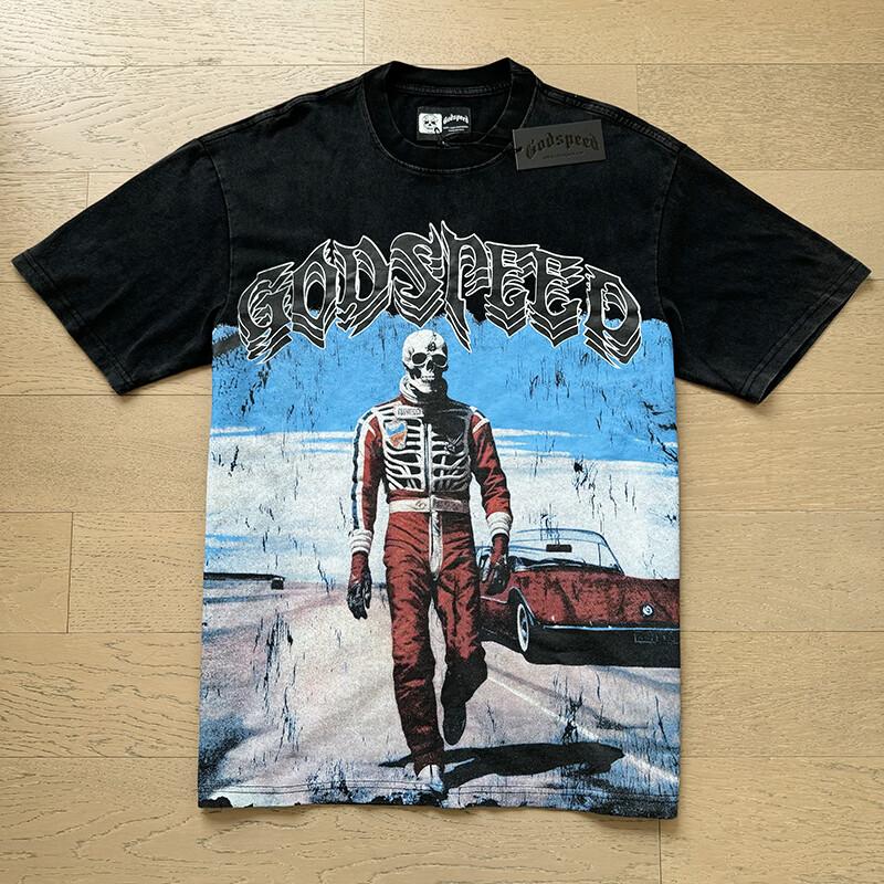 New Men's Godspeed Skeleton Racing Print T-Shirt Washed Short Sleeve T-Shirt