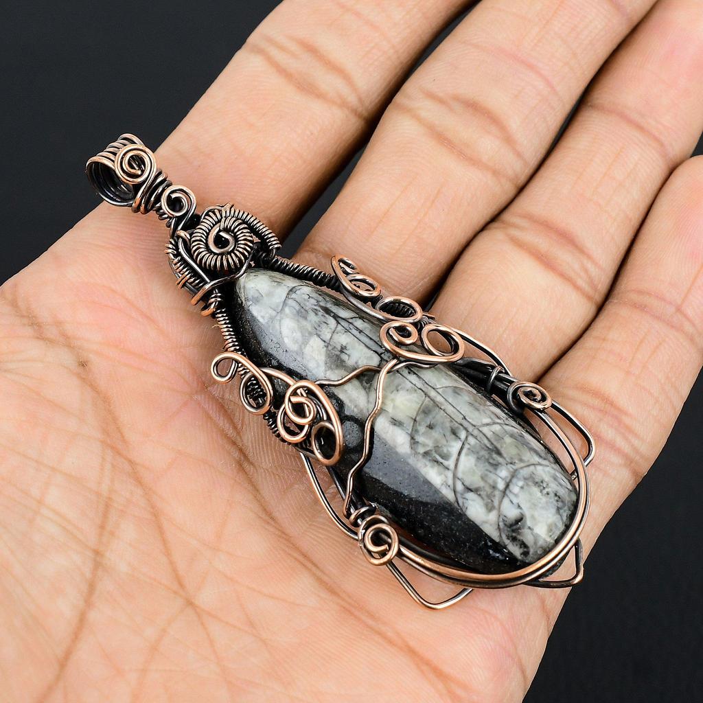 Orthoceras Fossil Jewelry, 999 Copper Wire Wrapped Pendant Handmade Gemstone Jewelry, Gifts For Wedding Pendant