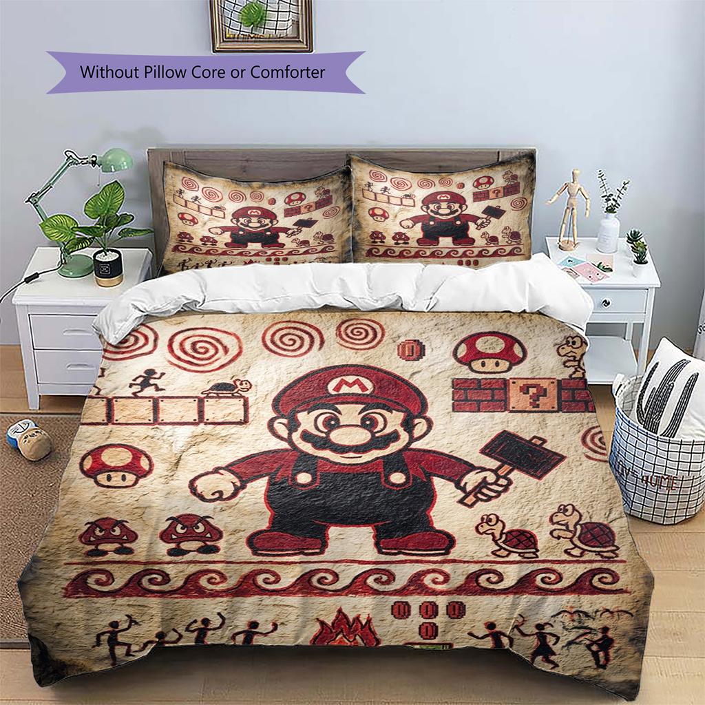 Super Mario Pattern Bedding Quilt Set Quilt Cover Pillowcase Home Decoration Birthday Gift (1 * duvet cover + 2 * pillowcase, without core)