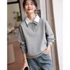 Double-layer Collar Design Gray Sweatshirt for Women Casual Simple Temperament Versatile Flesh Covering and Slimming Top