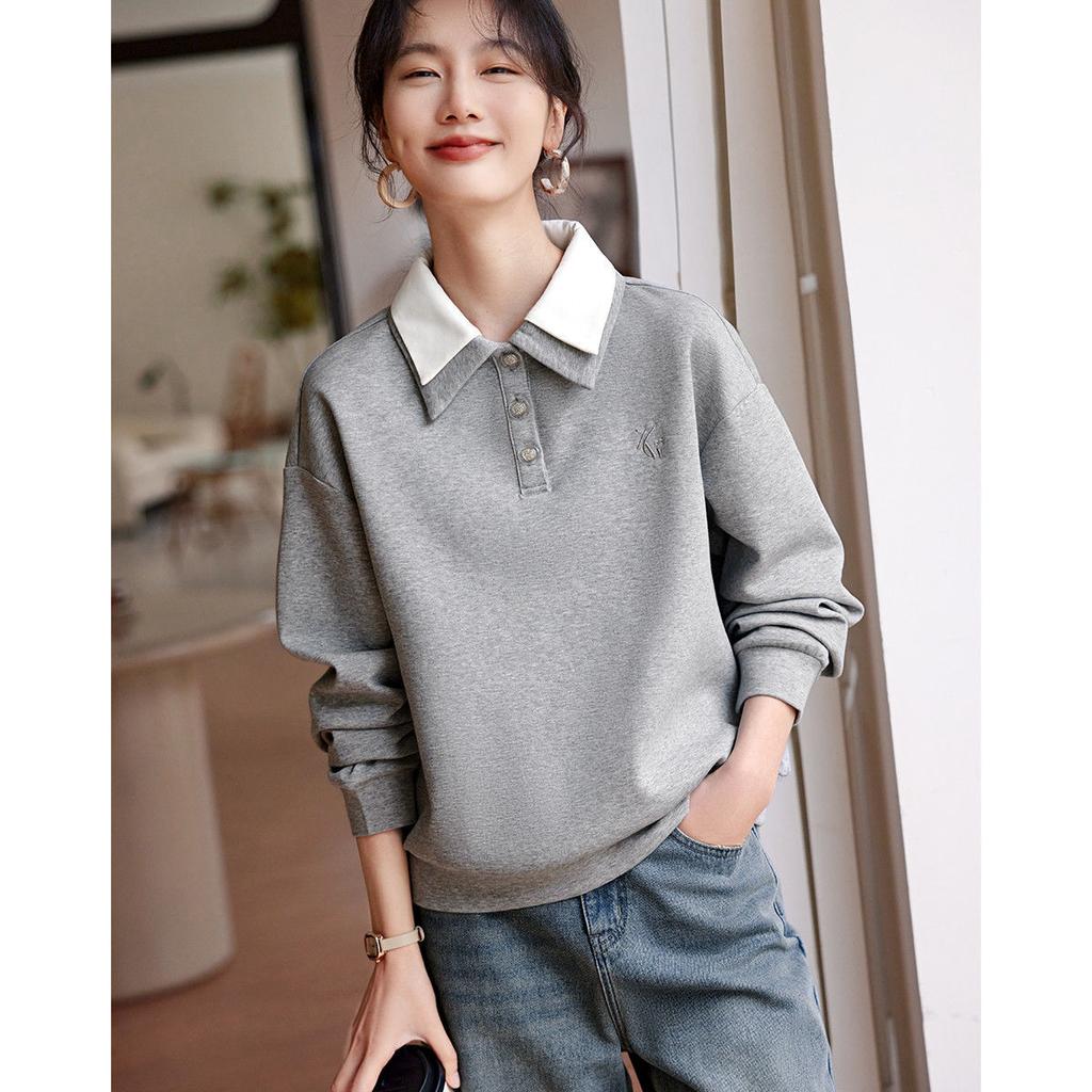Double-layer Collar Design Gray Sweatshirt for Women Casual Simple Temperament Versatile Flesh Covering and Slimming Top