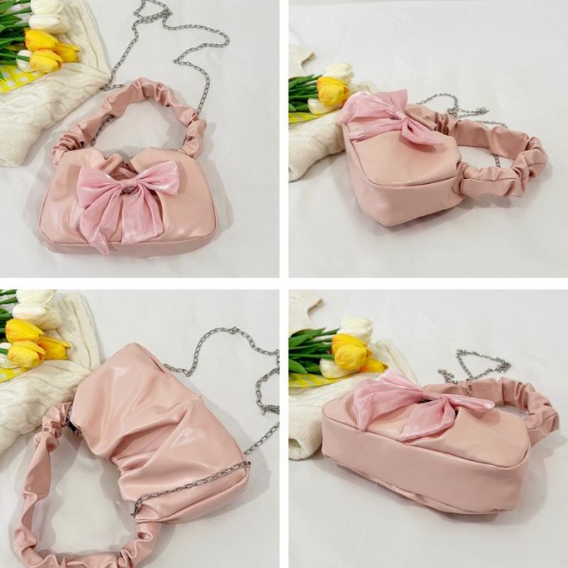 Французские Женские Сумки на Плечо с Плиссированной Лямкой и Милым Бантом Универсальная Женская Сумка через Плечо на Цепочке Однотонная Женская Сумка-Клатч из Искусственной Кожи