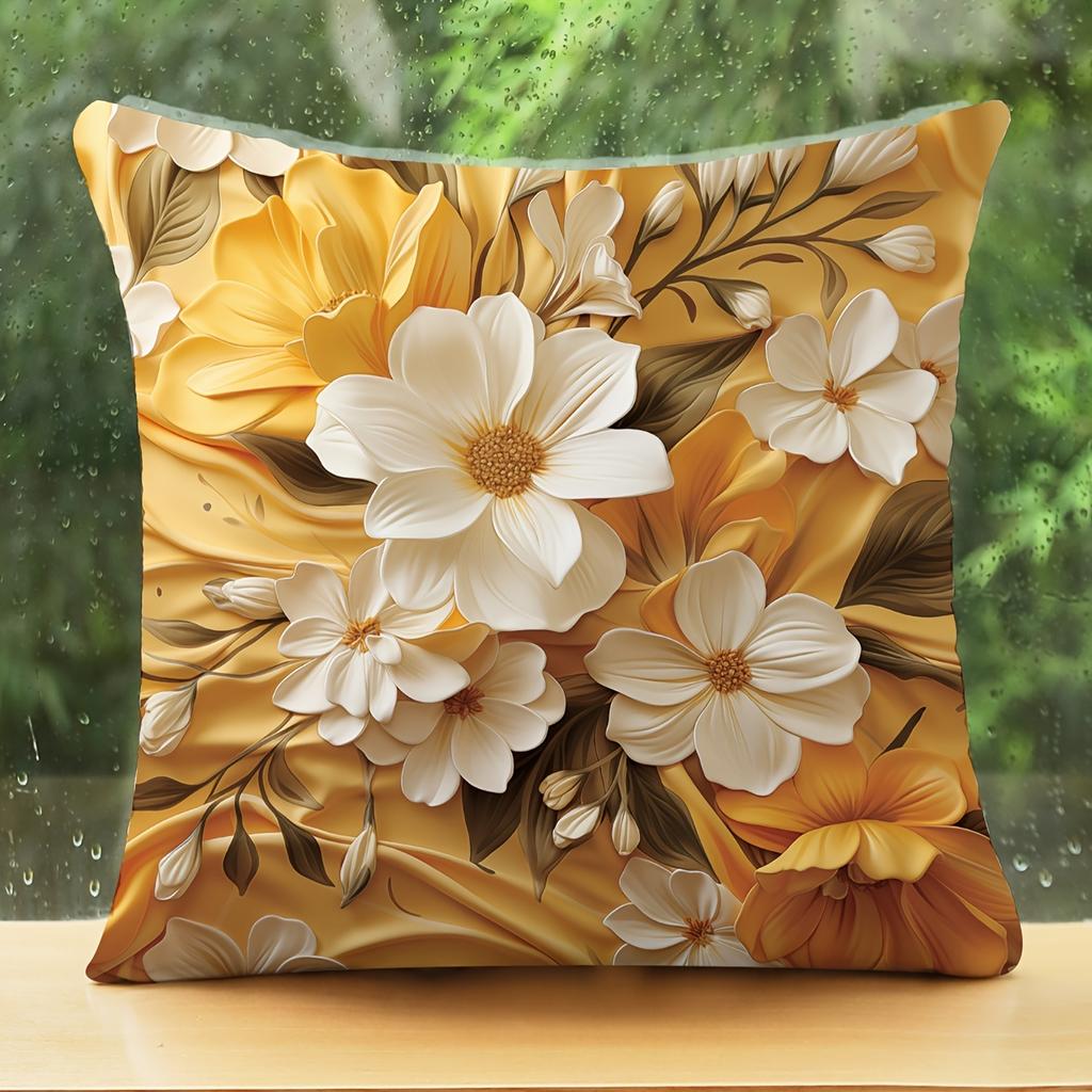 2D Luxury Golden White Flower Pillow Cover Elegant Floral Print Cushion Case For Sofa Couch Modern Boho Home Decor Gift