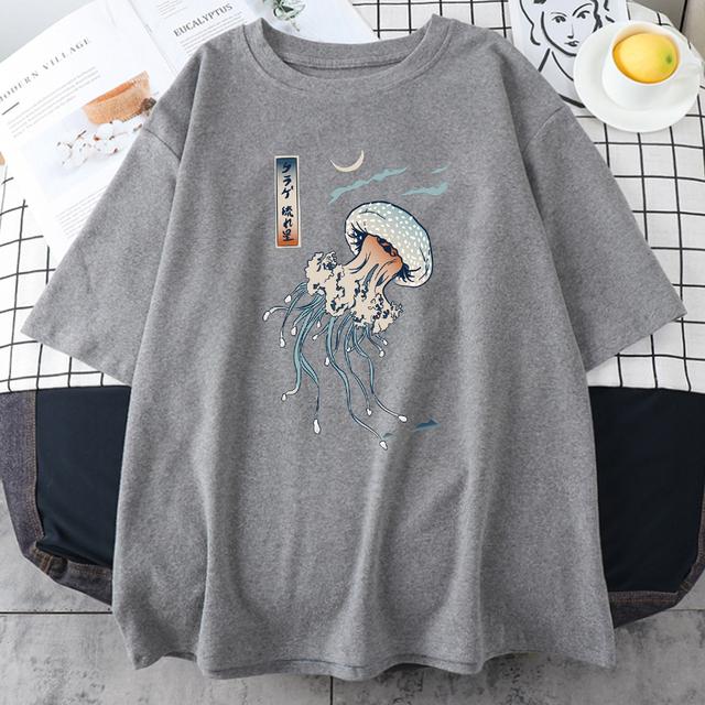 Swimming Colorful Jellyfish Print Mens Short Sleeve Japanese Harajuku O-Neck Tops All-math Oversize Vintage Man Cotton T-Shirts