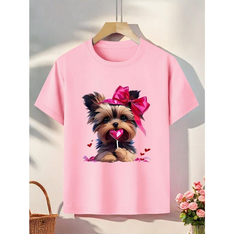 Европейские размеры Футболка для девочек с Йоркширским терьером - Мягкий летний топ с принтом собаки Йорки и бантом, Повседневная блузка с круглым вырезом для