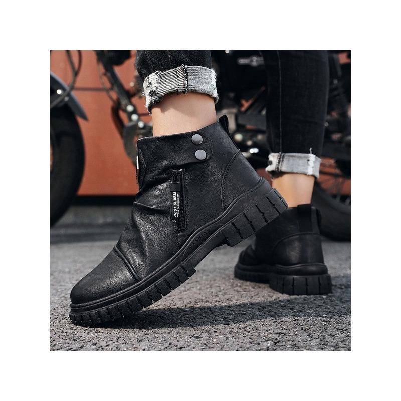 Four Seasons British Style High Top Waterproof Men's Side Zipper Comfortable Warm Leather Shoes Flat Ankle Boots