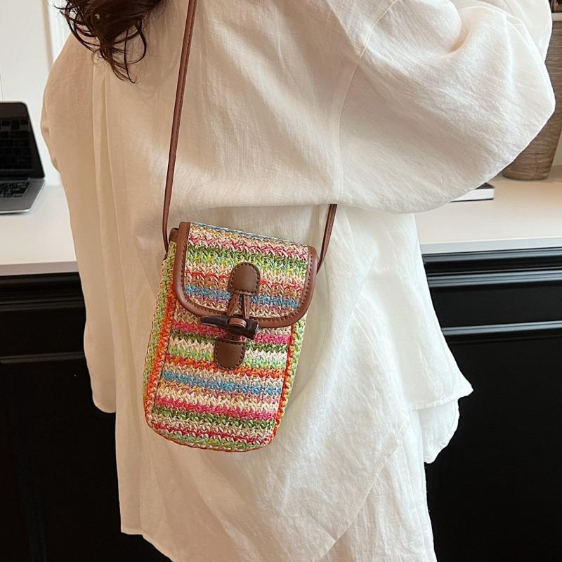 Seaside Holiday Woven Mobile Phone Bag Horn Button Crossbody Shoulder Bag Western Style Mobile Phone Bag