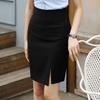 Black High-Waisted Stretch Pencil Skirt with Front Slit - Professional Knee-Length Suit for Hotel Workwear
