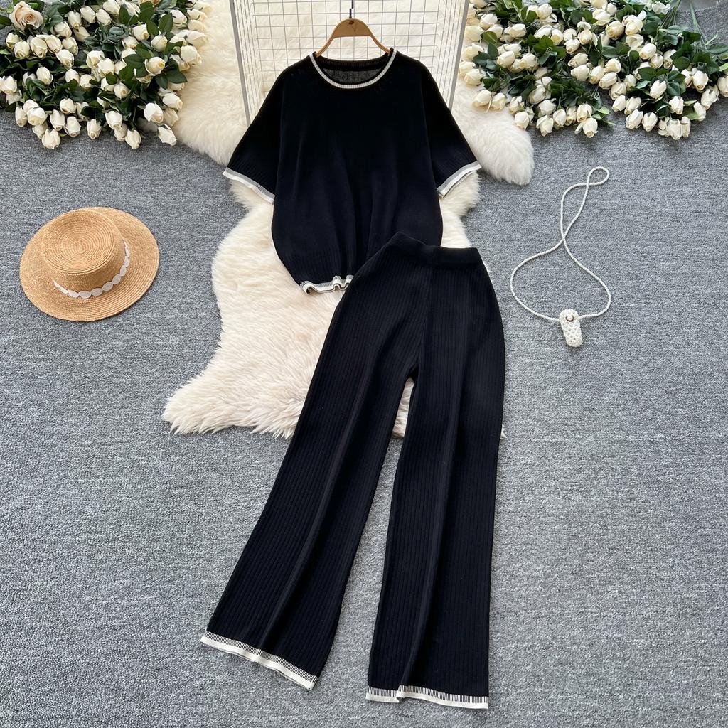 Летний женский трикотажный свитер, брюки, комплект из двух предметов, женский свитер с коротким рукавом, топ и брюки длиной до щиколотки, спортивный костюм