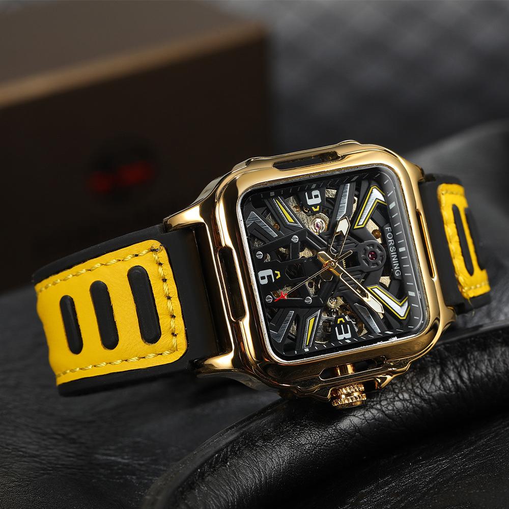 Luxury Square Transparent Skeleton Mens Watches Field Sports Rubber Band Mechanical Watch Luminous Waterproof Reloj Hombre 2024