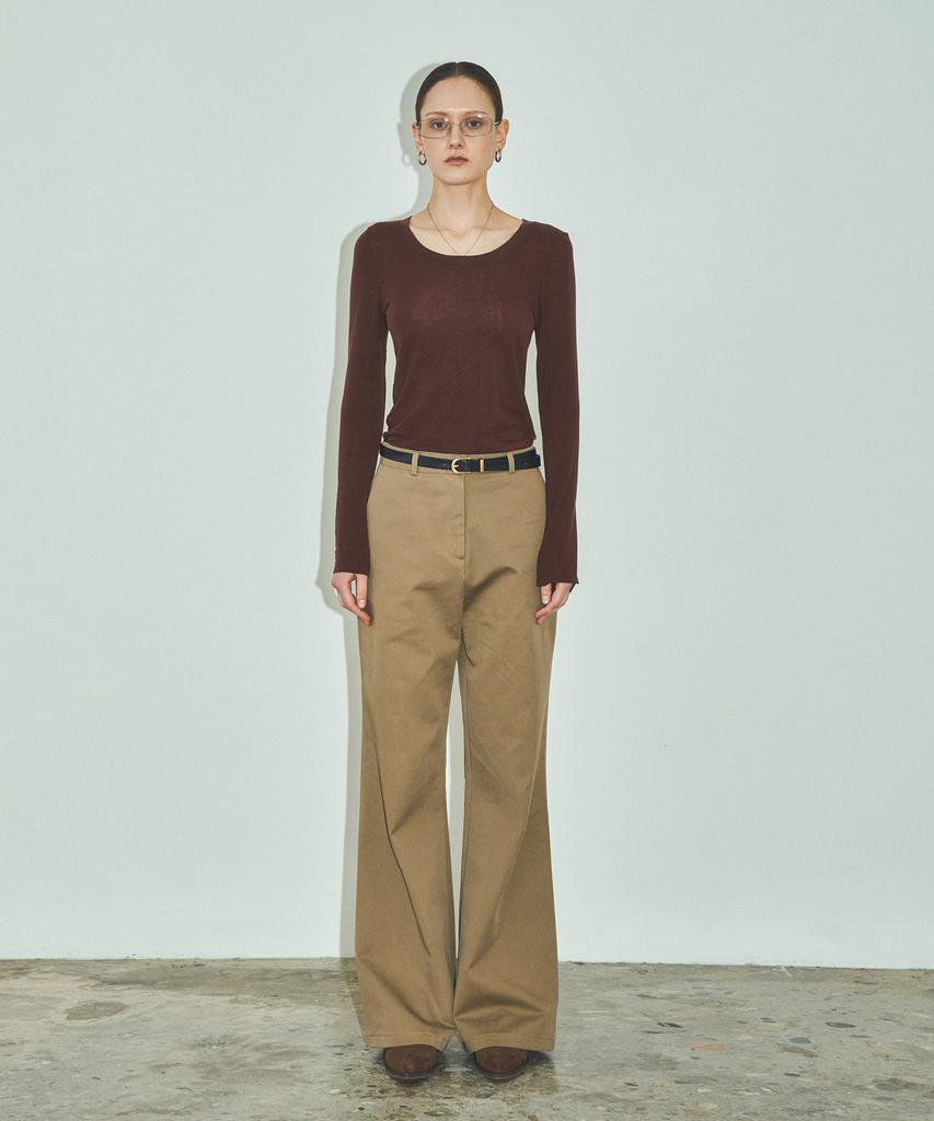 CITTA Wool Blend Tencel U-Neck Long Sleeve Tee_Ctt356 (Brown)