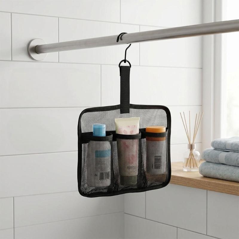 Portable Hanging Rotatable Hooks Lightweight Mesh 3‑Compartment Toiletry Bag Open Top Travel Gym Camping Storage