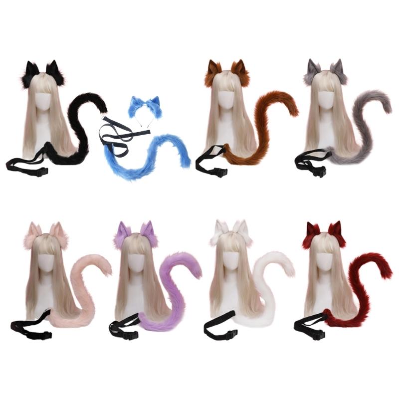 Cartoon Ears Tail Set Masquerade Halloween Cats Cosplay Party Costume Ear Hairhoop Headwear Lolita Accessories