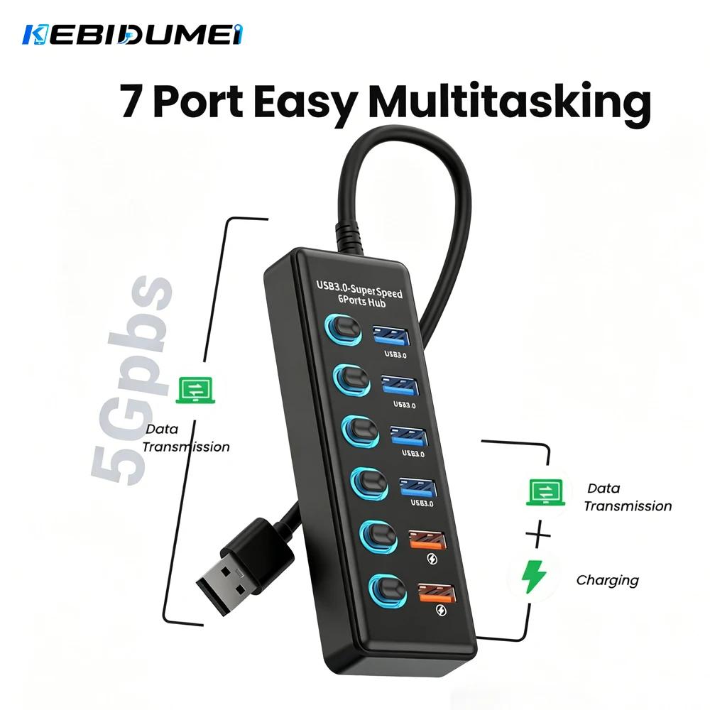KEBIDUMEI USB-хаб на 7 портов USB 3.0, разветвитель 5 Гбит/с с индивидуальными переключателями, адаптер питания для ноутбука, расширитель USB-портов, USB-C док-станция