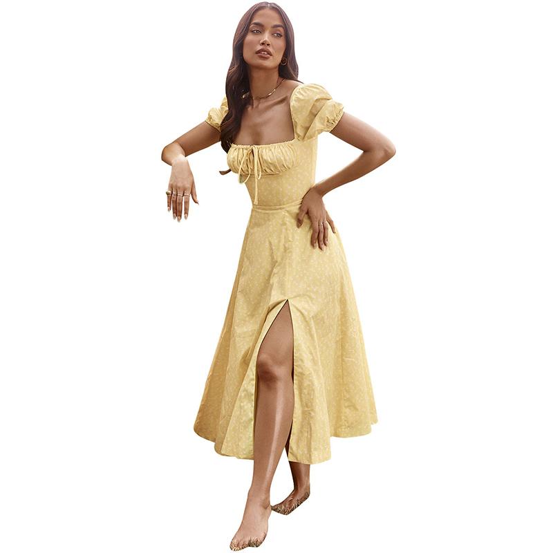 Летнее платье с высокой талией и цветочным принтом на одно плечо, модное платье-фонарик с коротким рукавом и цветочным принтом, элегантное длинное платье со шнуровкой и разрезом 26212