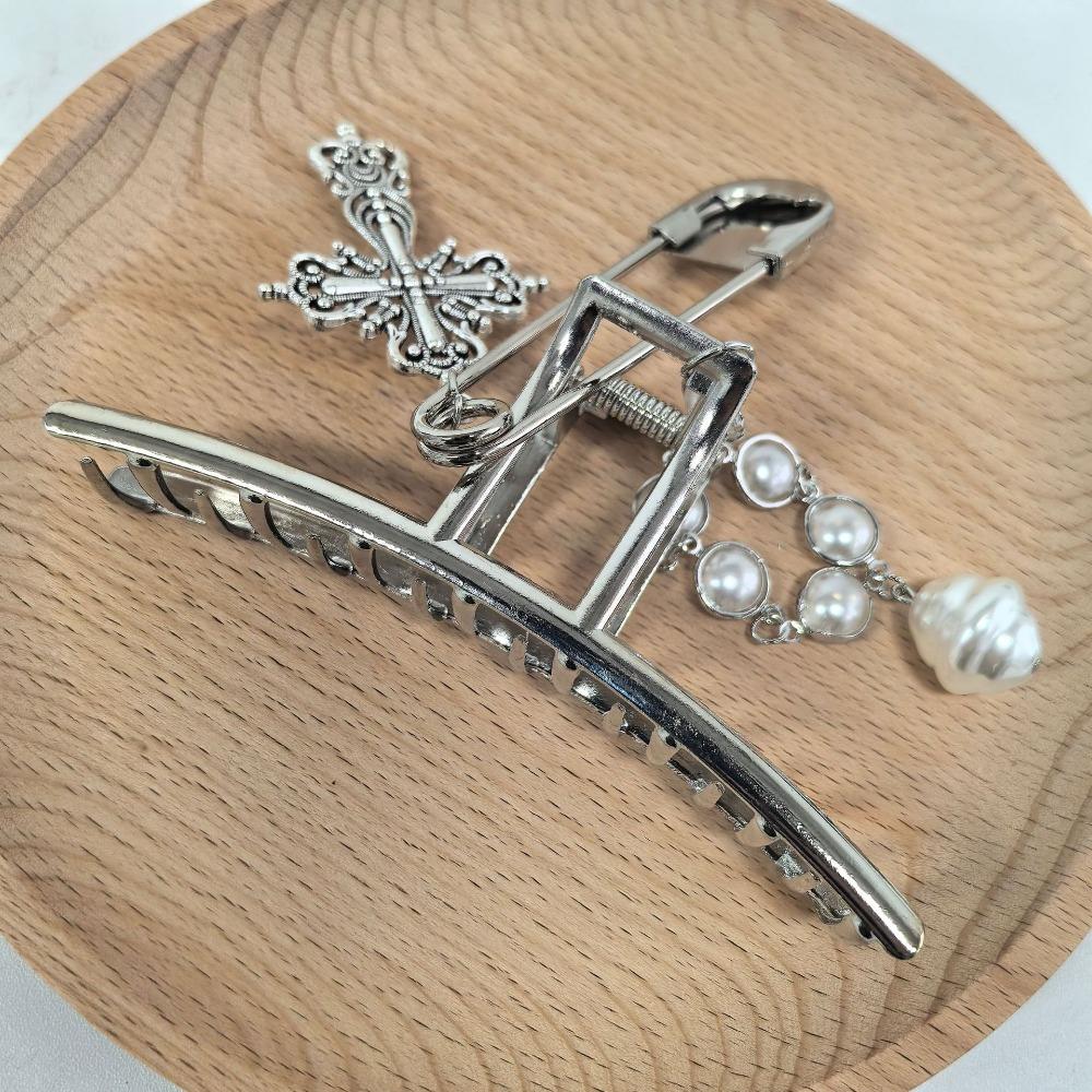 Ювелирные изделия Набор для волос с когтями Винтажный кулон-крест Краб Заколка для волос с жемчужной цепочкой Аксессуар для укладки волос