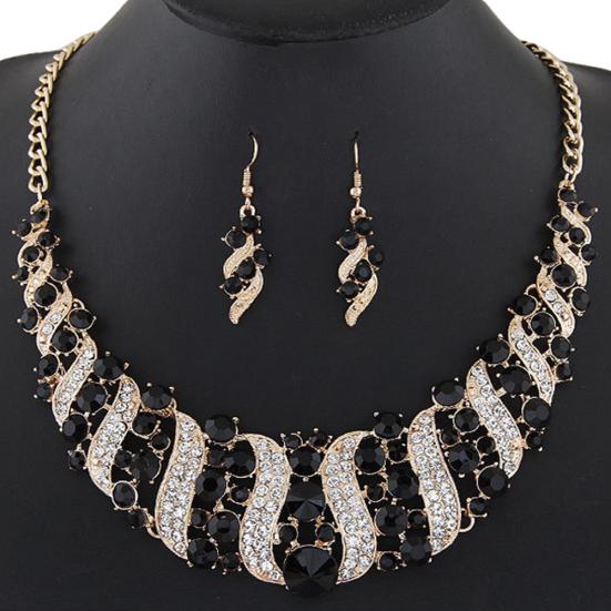 Women Rhinestone Spiral Bib Necklace Hook Earrings Statement Party Jewelry Set
