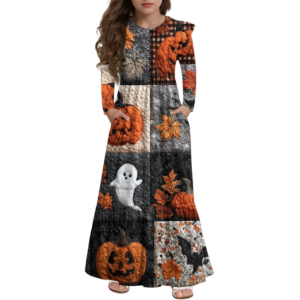 Платье с многоярусными оборками для девочек на Хэллоуин - Макси с длинным рукавом и принтом, с карманами