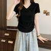 Korean Style Slimming Summer V-Neck Ruched Waist Short Sleeve T-Shirt for Women